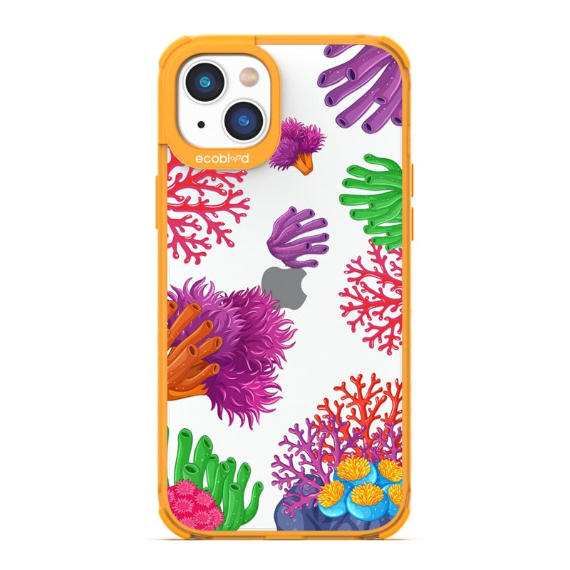 Laguna Collection - Yellow Eco-Friendly Apple iPhone 14 Case With A Colorful Underwater Coral Reef Pattern On A Clear Back