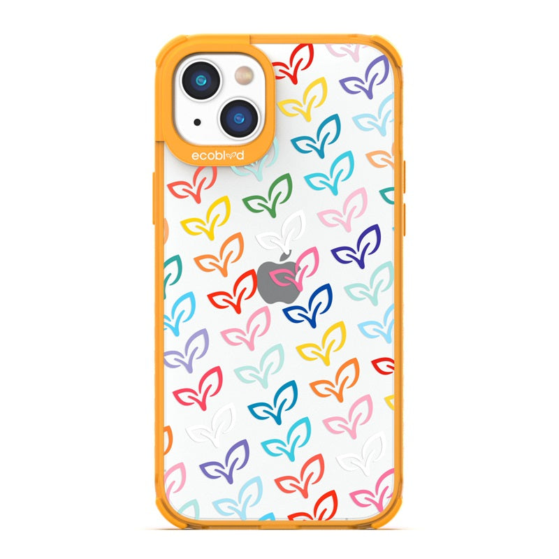 Laguna Collection - Yellow Eco-Friendly iPhone 14 Case With Colorful V-Leaf Monogram Print On A Clear Back - Compostable