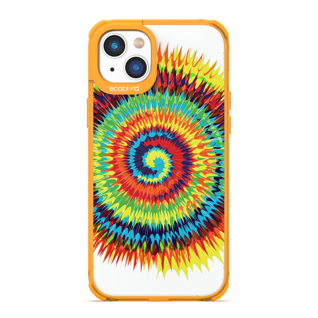 Laguna Collection - Yellow Eco-Friendly iPhone 14 Case With A Retro Rainbow Tie Dye Print On A Clear Back - Compostable