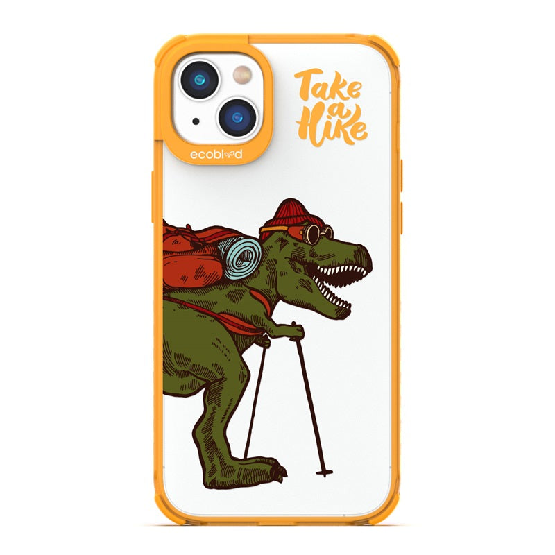 Laguna Collection - Yellow Eco-Friendly iPhone 14 Case With A Trail-Ready T-Rex & Take A Hike Quote On A Clear Back
