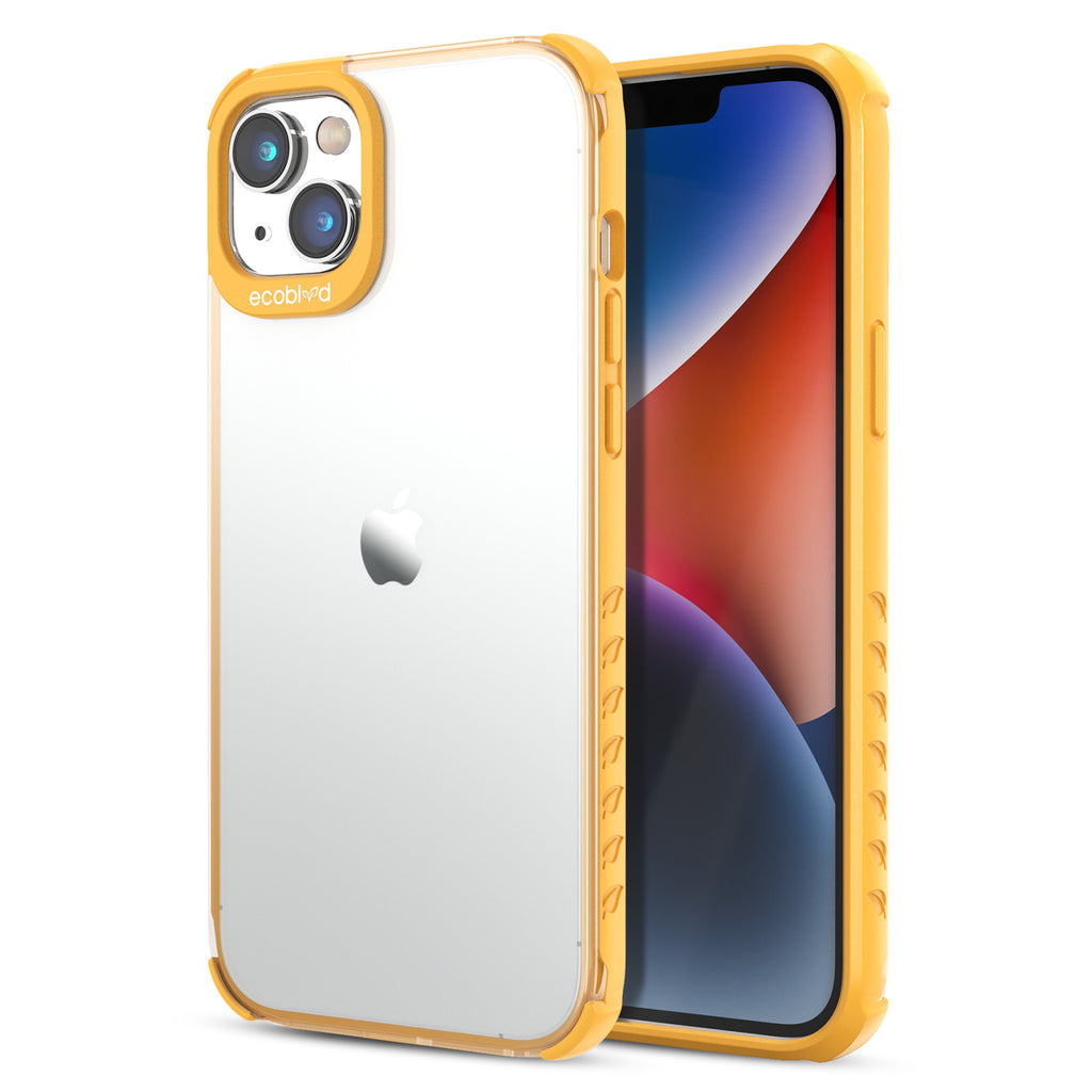 Back View Of The Yellow iPhone 14 Laguna Collection Case With A Clear Back And Front View Of The Screen