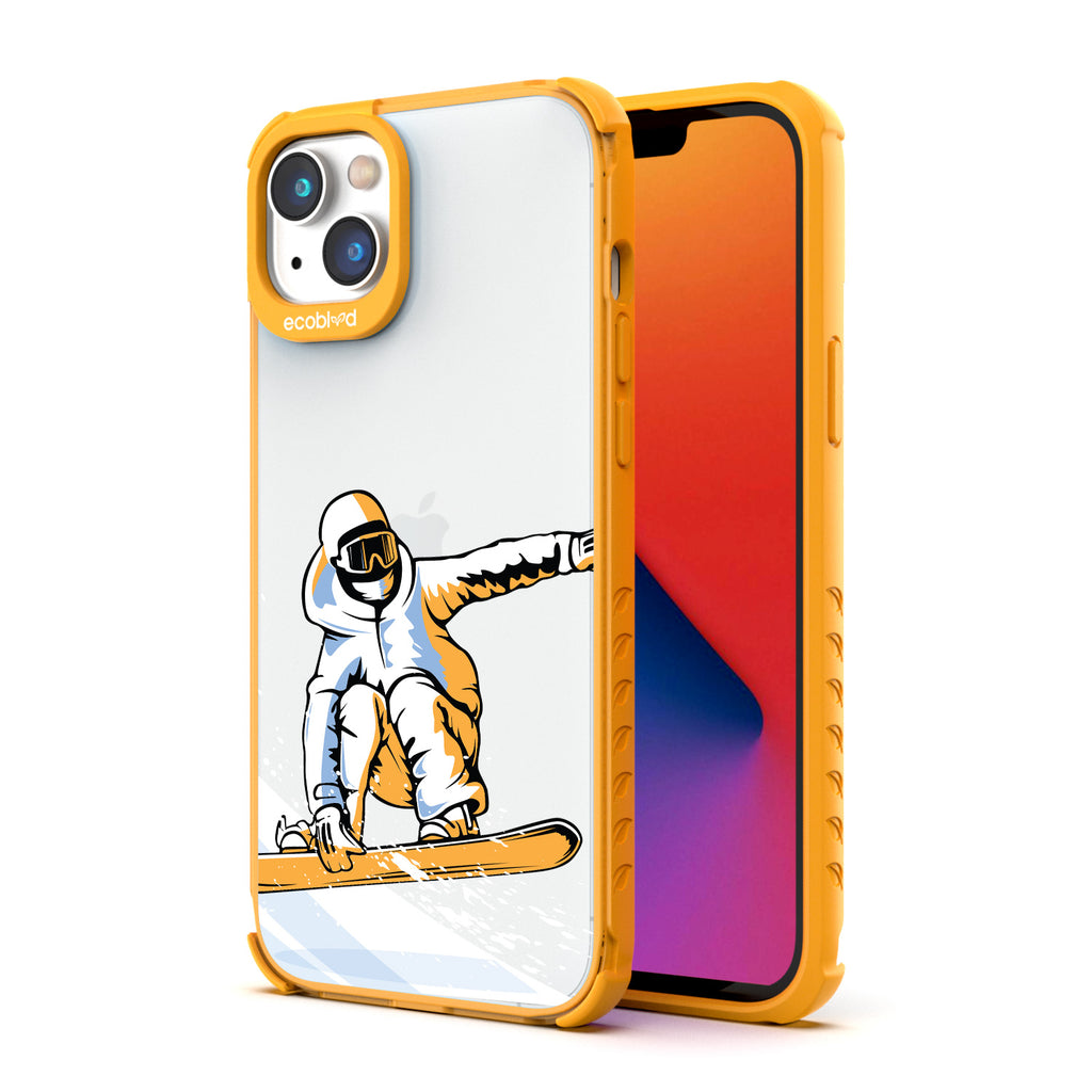 Back View Of Yellow Compostable iPhone 14 Clear Case With The Shreddin' The Gnar Design & Front View Of Screen