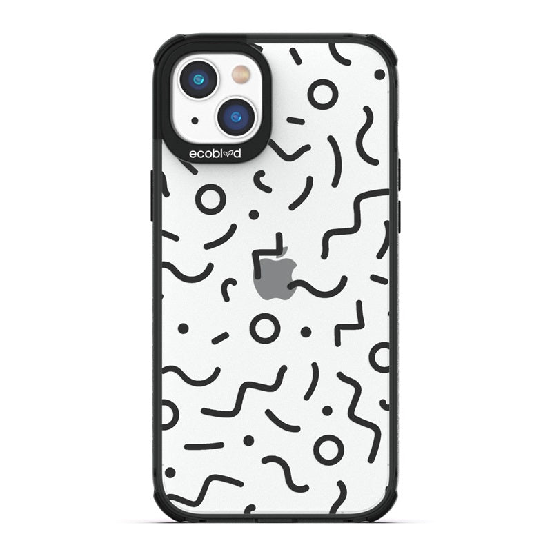 90's Kids - Black Eco-Friendly iPhone 14 Plus Case with Retro 90's Lines & Squiggles On A Clear Back