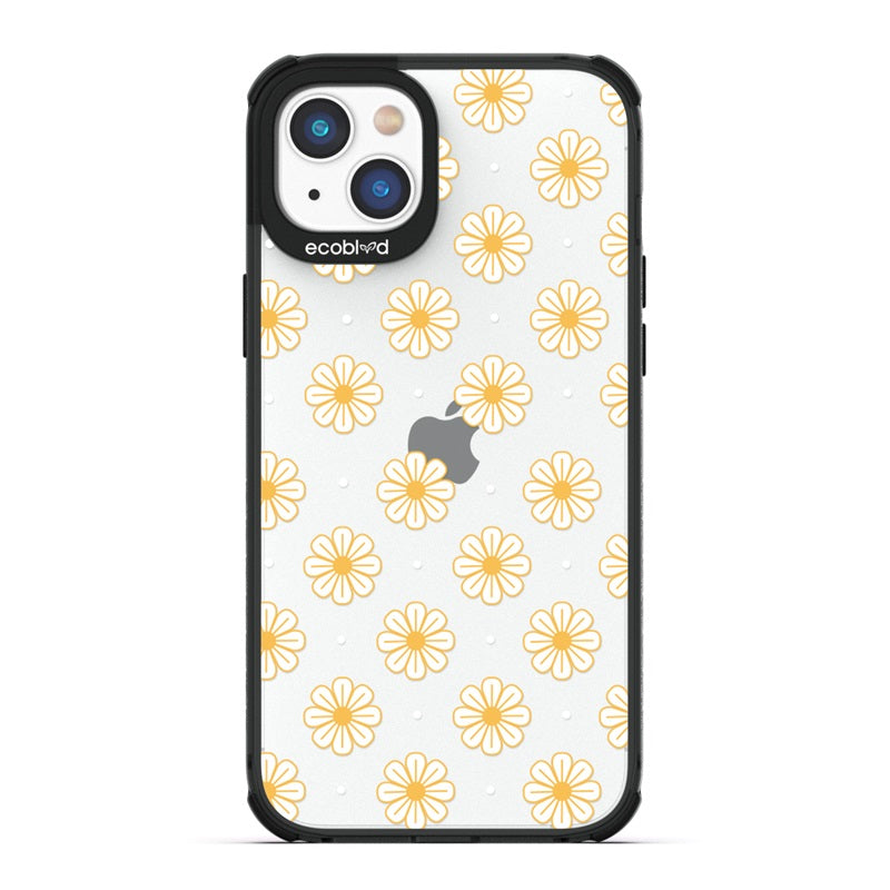 Laguna Collection - Black Eco-Friendly iPhone 14 Plus White Daisy And Dots Floral Pattern On A Clear Back - Compostable