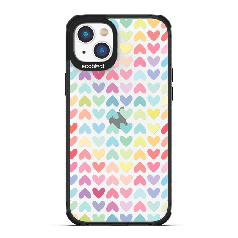 Laguna Collection - Black Eco-Friendly iPhone 14 Plus Case With A Pastel Rainbow Hearts Pattern On A Clear Back 