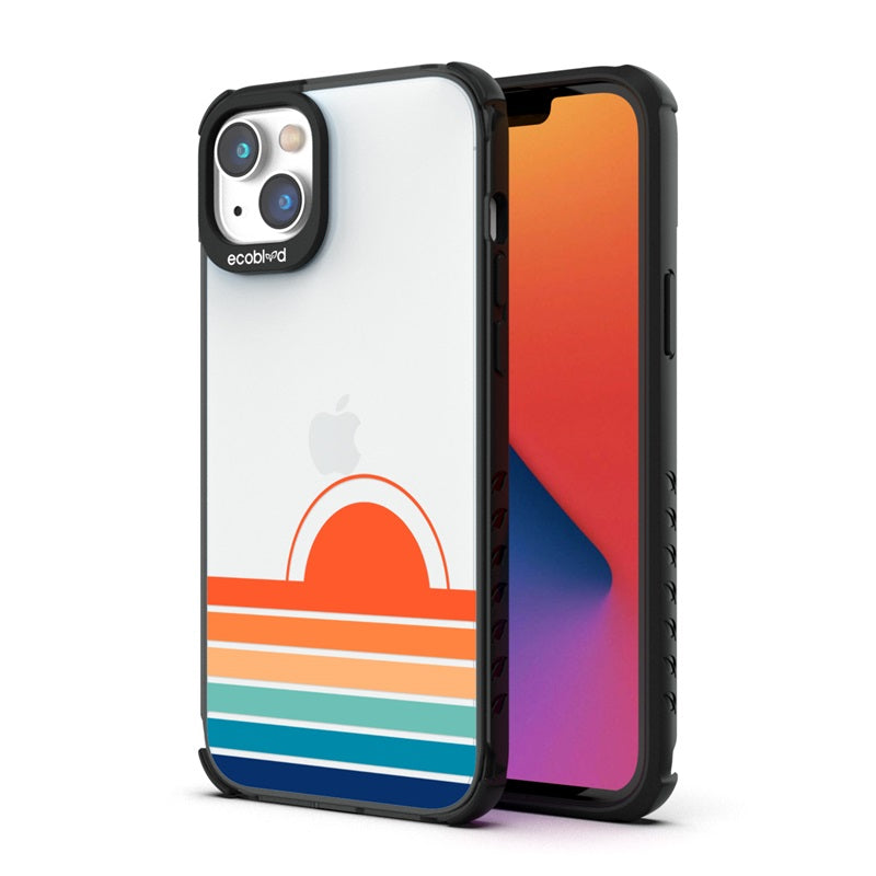 Laguna Collection - Pink Eco-Friendly iPhone 14 Plus Case With The Sun Rising From Rainbow Stripes On A Clear Back - Compostable