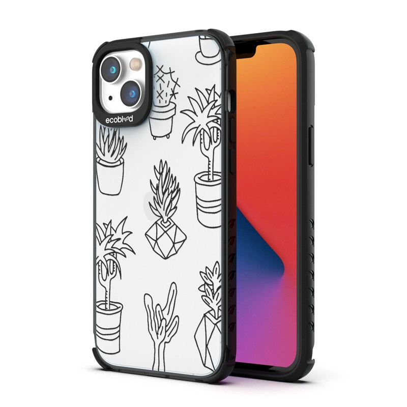Back View Of The Black iPhone 14 Plus Laguna Case With Succulent Garden Design On A Clear Back And Front View Of The Screen