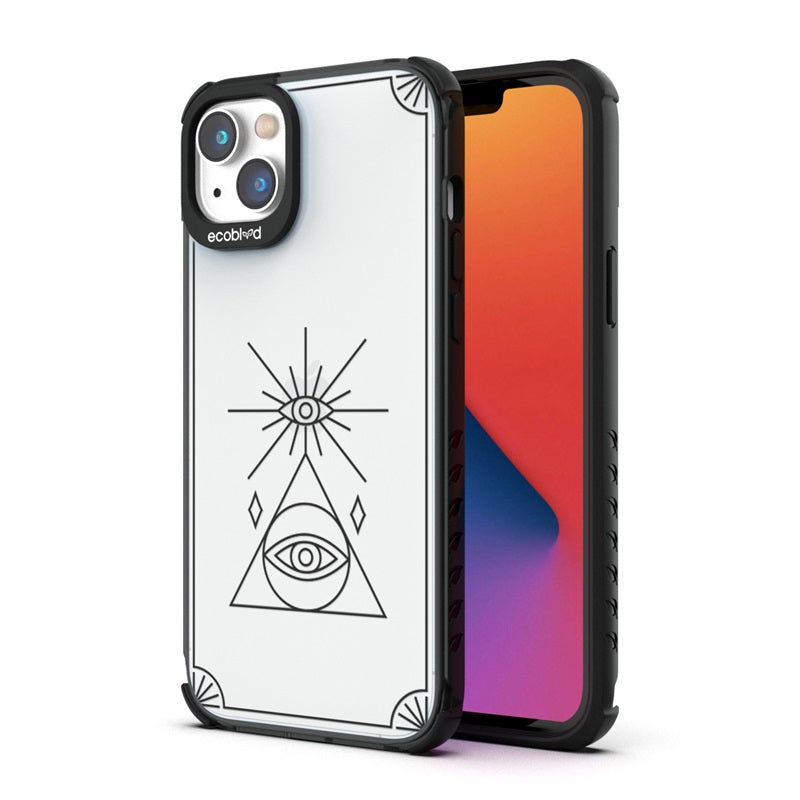 Back View Of The Black iPhone 14 Plus Laguna Case With The Tarot Card Design On A Clear Back And Front View Of The Screen