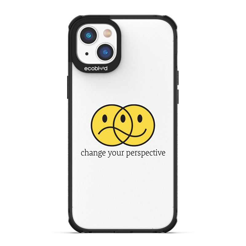 Laguna Collection - Black Compostable iPhone 14 Case With Happy/Sad Face & Change Your Perspective On A Clear Back