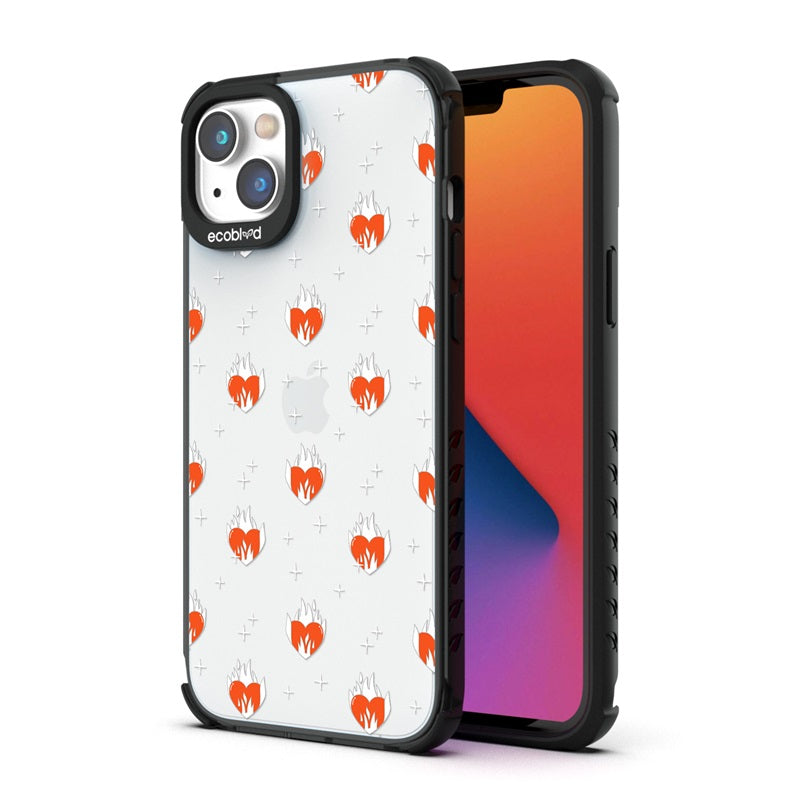 Back View Of The Black iPhone 14 Plus Laguna Case With Burning Hearts Design On A Clear Back And Front View Of The Screen
