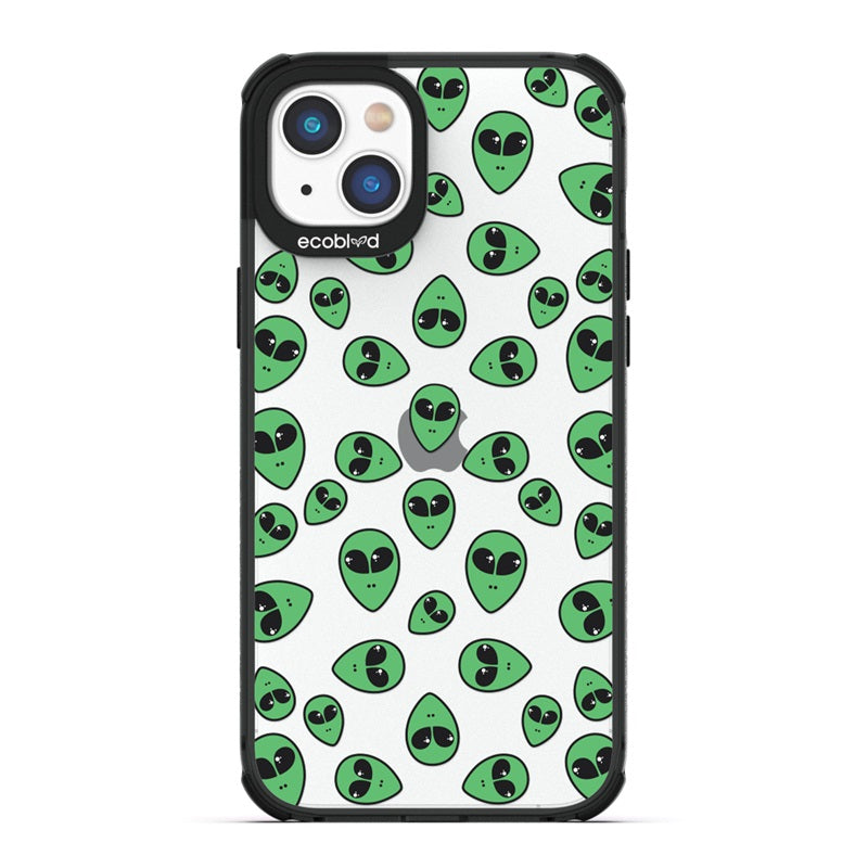 Laguna Collection - Black Eco-Friendly iPhone 14 Plus Case With Green Cartoon Alien Heads On A Clear Back - Compostable