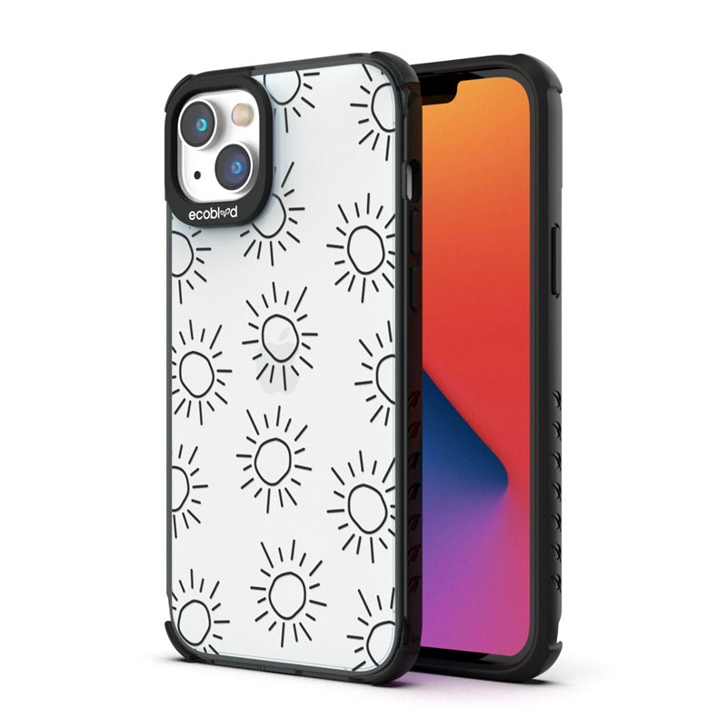 Back View Of The Black iPhone 14 Plus Laguna Case With The Sun Design On A Clear Back And Front View Of The Screen