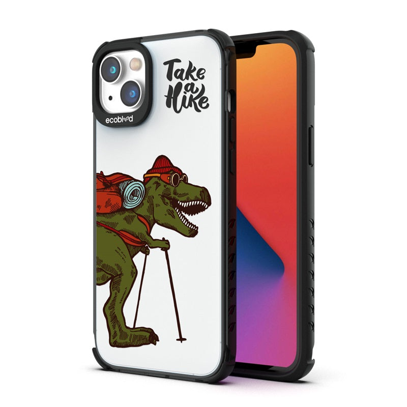 Back View Of The Black iPhone 14 Plus Laguna Case With The Take A Hike Design On A Clear Back And Front View Of The Screen