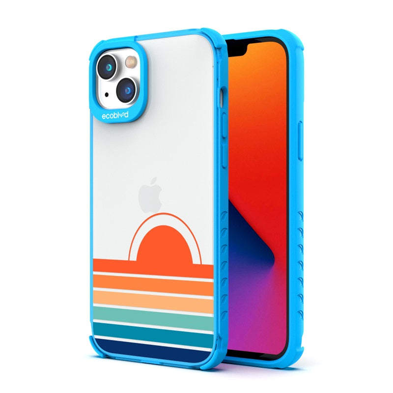 Back View Of Blue Eco-Friendly iPhone 14 Plus Laguna Case With Rise N' Shine Design & Front View Of The Screen