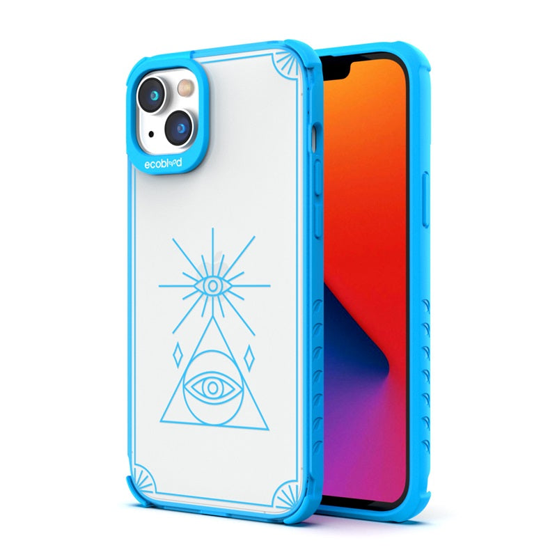 Back View Of The Blue iPhone 14 Plus Laguna Case With The Tarot Card Design On A Clear Back And Front View Of The Screen
