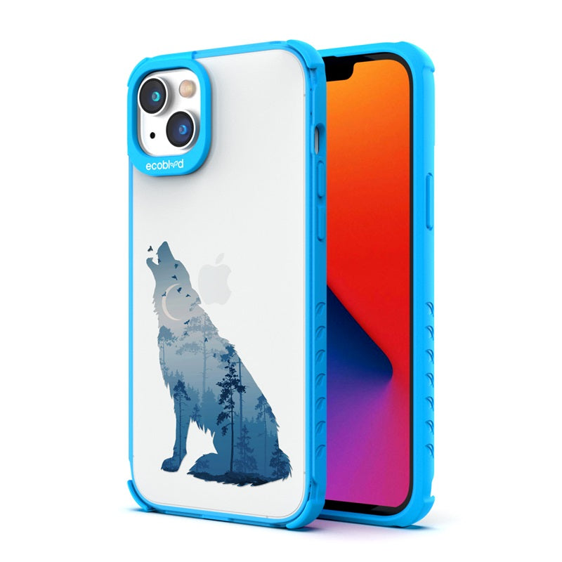 Back View Of The Blue Compostable iPhone 14 Plus Laguna Case With The Howl At The Moon Design & Front View Of The Screen