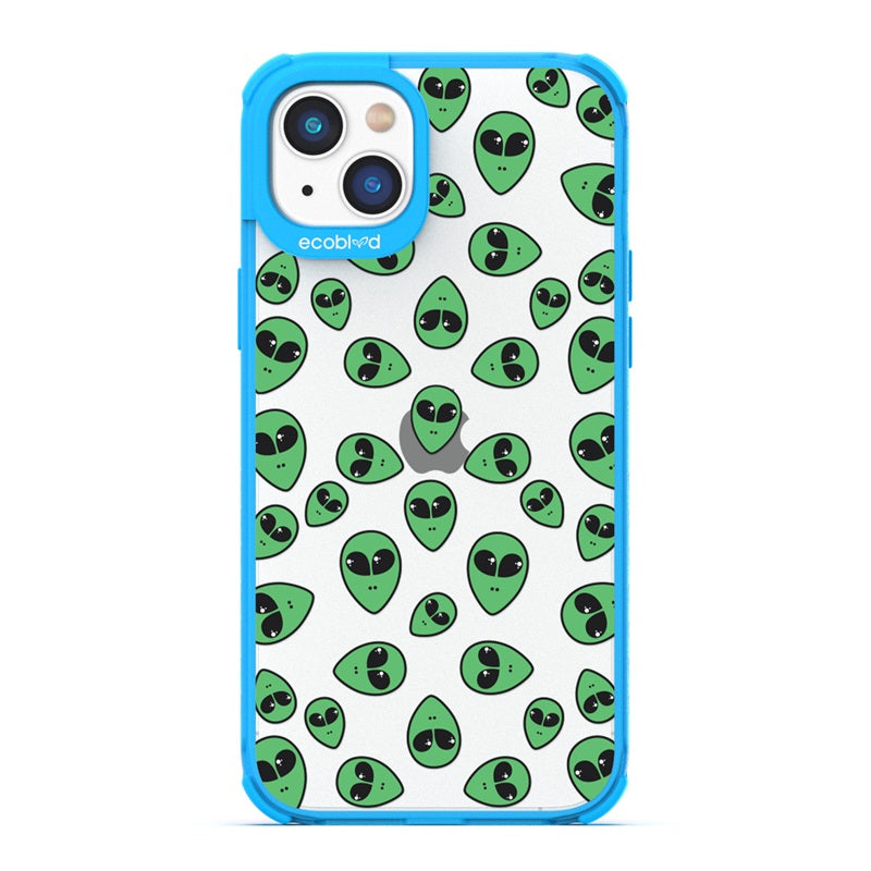 Laguna Collection - Blue Eco-Friendly iPhone 14 Plus Case With Green Cartoon Alien Heads On A Clear Back - Compostable
