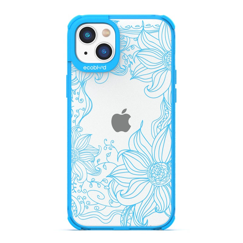 Laguna Collection - Blue Eco-Friendly iPhone 14 Plus Case With A Sunflower Stencil Line Art Design On A Clear Back 