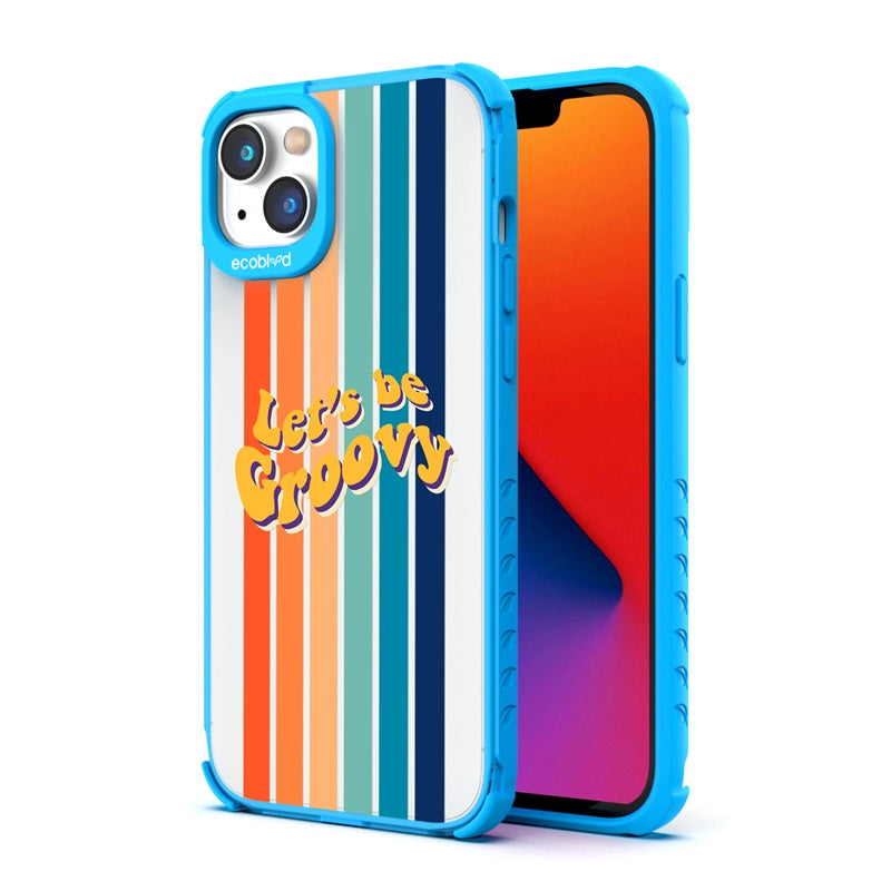 Back View Of The Blue Compostable Laguna iPhone 14 Plus Case With The Let's Be Groovy Design & Front View Of The Screen