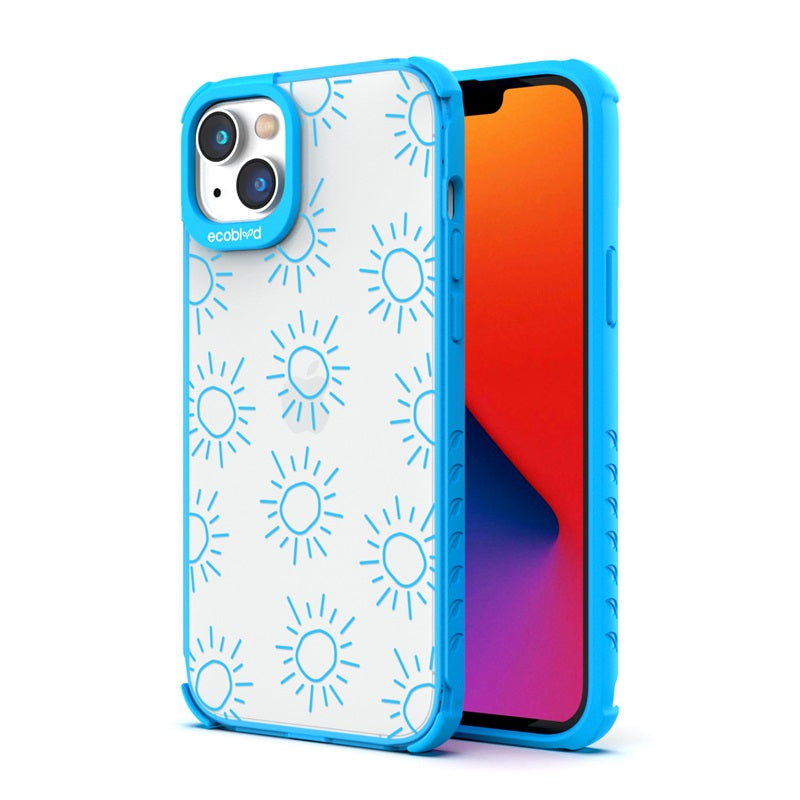 Back View Of The Blue iPhone 14 Plus Laguna Case With The Sun Design On A Clear Back And Front View Of The Screen