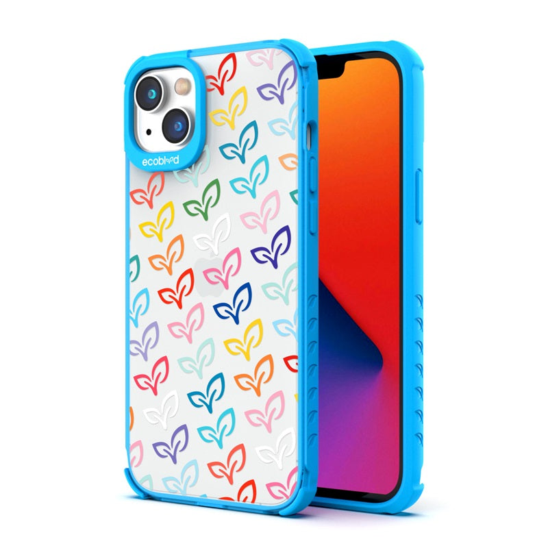 Back View Of The Blue iPhone 14 Laguna Case With The V-Leaf Monogram Design On A Clear Back And Front View Of The Screen
