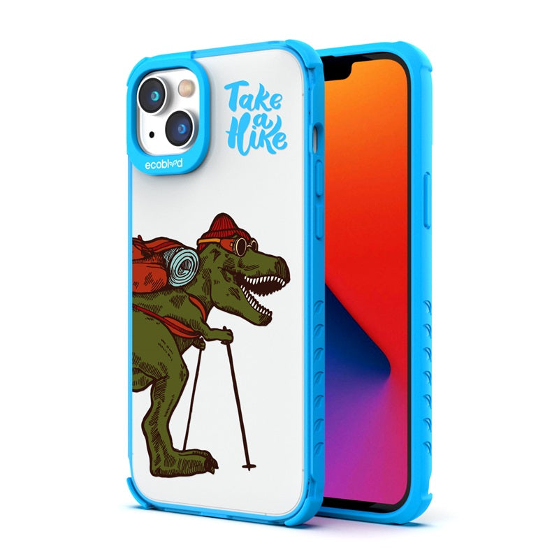 Back View Of The Blue iPhone 14 Plus Laguna Case With The Take A Hike Design On A Clear Back And Front View Of The Screen