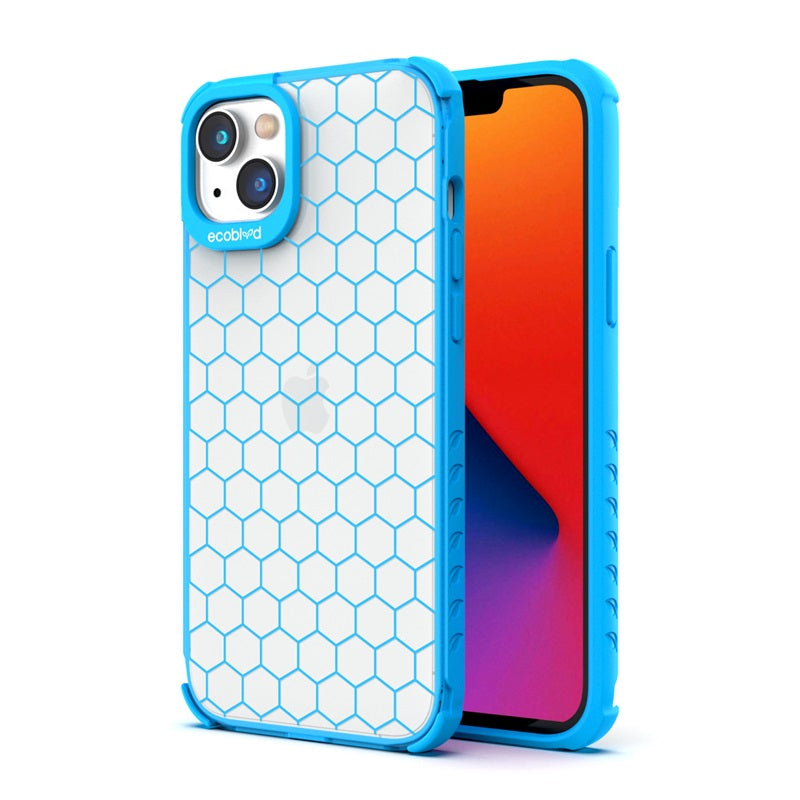 Back View Of Blue Compostable iPhone 14 Plus Laguna Case With Honeycomb Design On A Clear Back & Front View Of The Screen