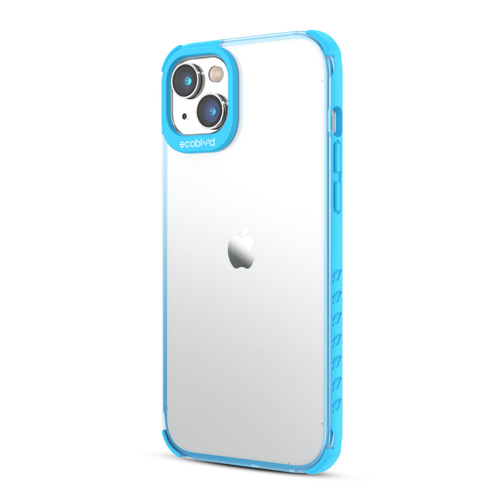 Left View Of Blue Laguna Collection iPhone 14 Plus Case With A Clear Back Showing Volume Buttons & Non-Slip Grip
