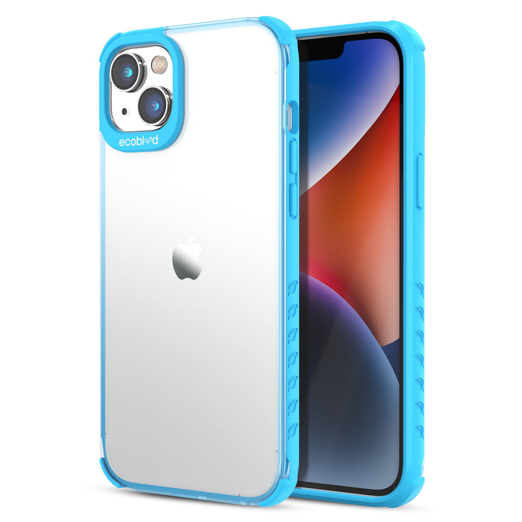 Back View Of The Blue iPhone 14 Plus Laguna Collection Case With A Clear Back And Front View Of The Screen