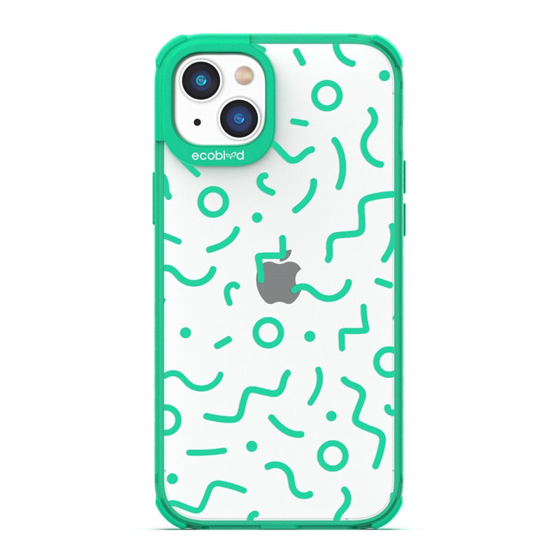 90's Kids - Green Eco-Friendly iPhone 14 Plus Case with Retro 90's Lines & Squiggles On A Clear Back