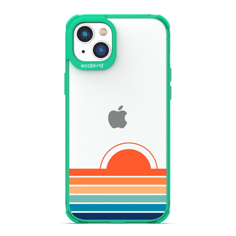 Laguna Collection - Green Eco-Friendly iPhone 14 Plus Case With Sun Rising From Laguna Collection - Green Eco-Friendly iPhone 14 Plus Case With The Sun Rising From Rainbow Stripes On A Clear Back 