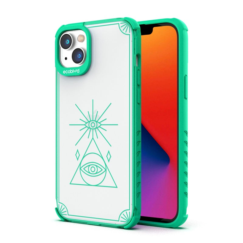 Back View Of The Green iPhone 14 Plus Laguna Case With The Tarot Card Design On A Clear Back And Front View Of The Screen