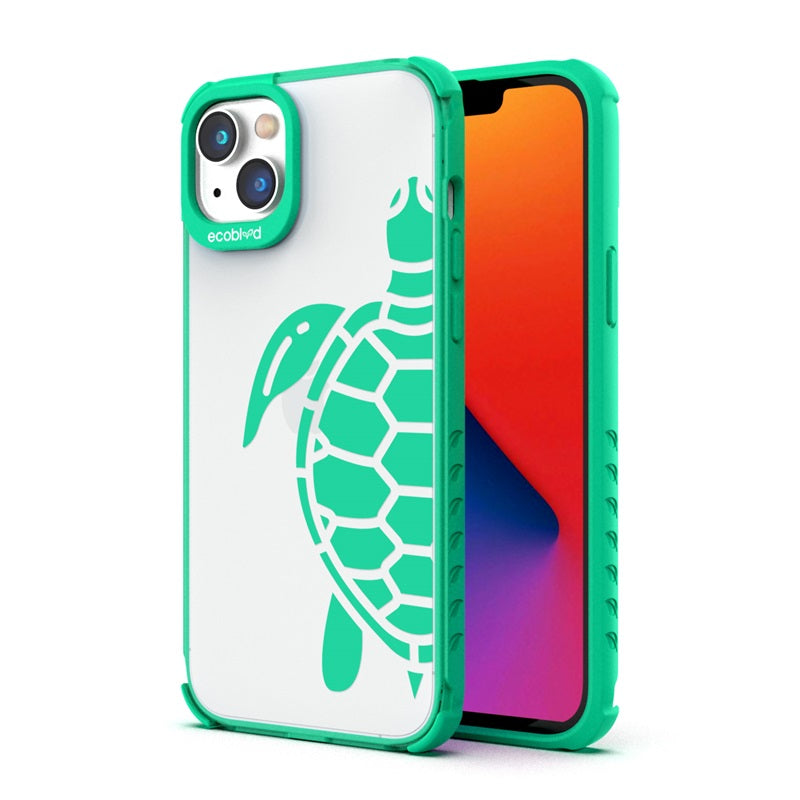 Back View Of The Green iPhone 14 Plus Laguna Case With The Sea Turtle Design On A Clear Back And Front View Of The Screen