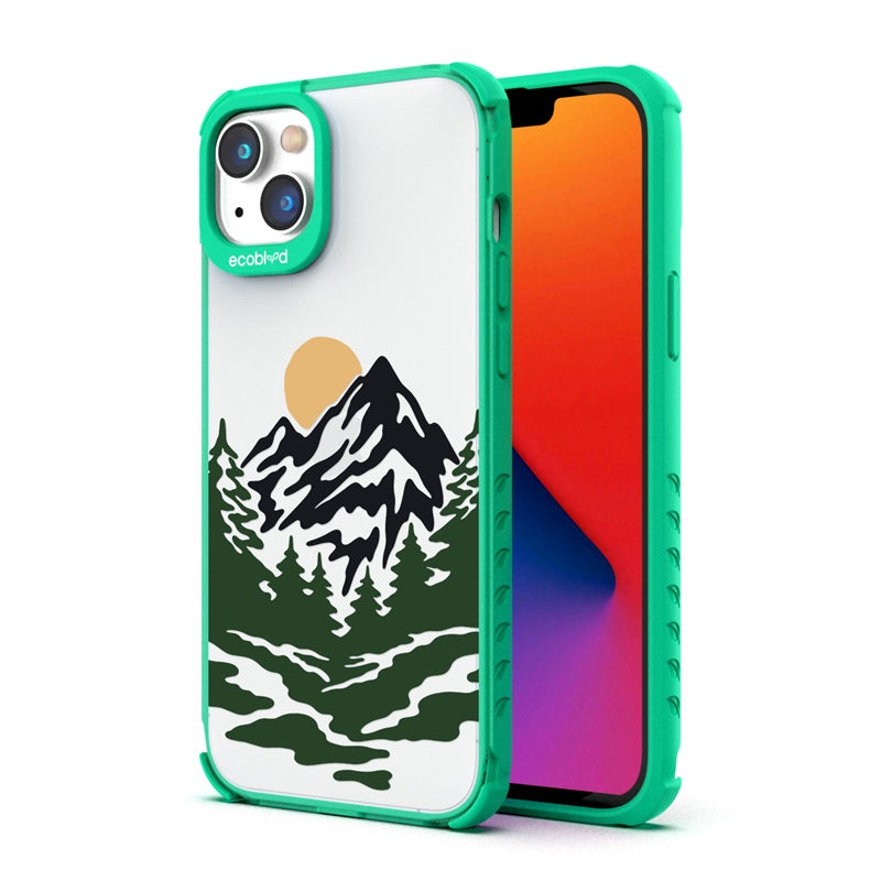 Back View Of Green Compostable Laguna iPhone 14 Plus Case With Mountains Design & Front View Of Screen
