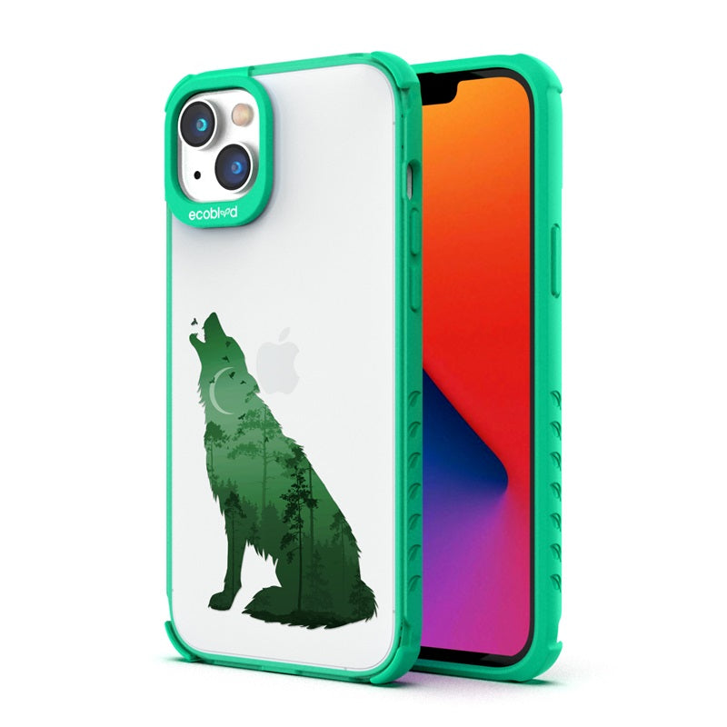Back View Of The Green Compostable iPhone 14 Plus Laguna Case With The Howl At The Moon Design & Front View Of The Screen