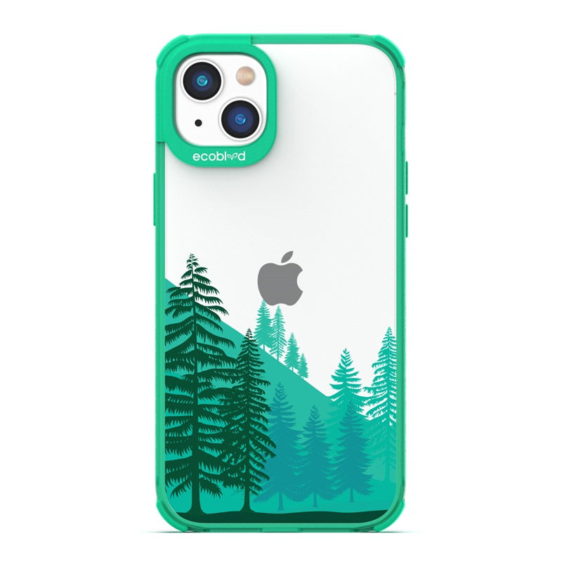 Laguna Collection - Green Eco-Friendly iPhone 14 Plus Case With A Minimalist Mountainside Pine Tree Forest On A Clear Back