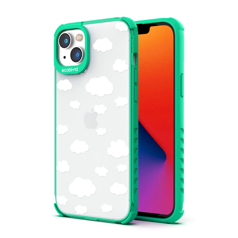 Back View Of The Green iPhone 14 Plus Laguna Case With The Clouds Design On A Clear Back And Front View Of The Screen