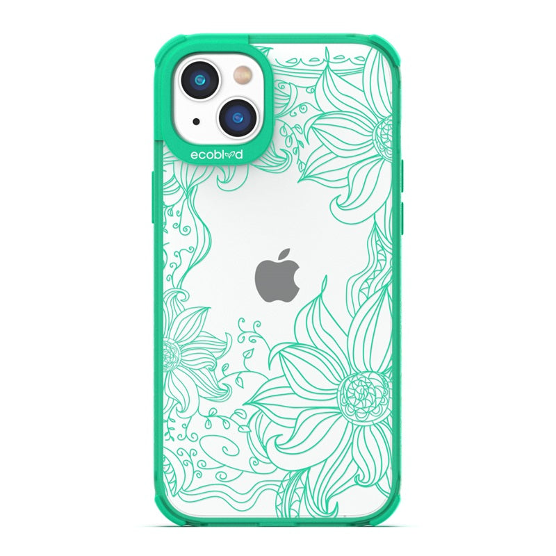 Laguna Collection - Green Eco-Friendly iPhone 14 Plus Case With A Sunflower Stencil Line Art Design On A Clear Back 