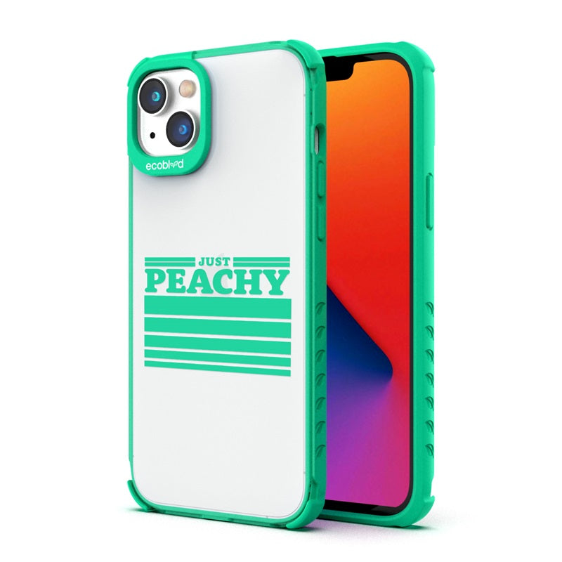 Back View Of The Green Compostable iPhone 14 Plus Laguna Case With Just Peachy Design & Front View Of The Screen