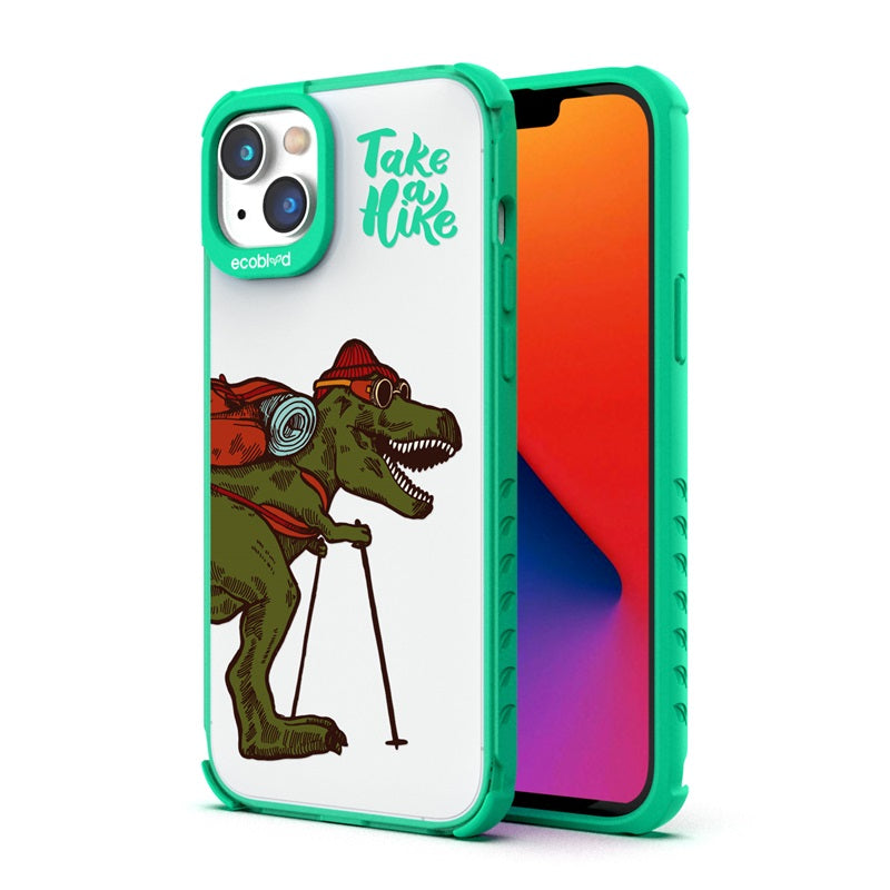 Back View Of The Green iPhone 14 Plus Laguna Case With The Take A Hike Design On A Clear Back And Front View Of The Screen