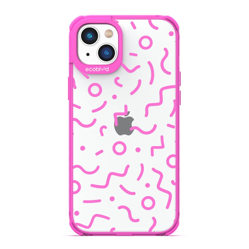 90's Kids - Pink Eco-Friendly iPhone 14 Plus Case with Retro 90's Lines & Squiggles On A Clear Back
