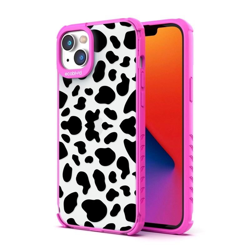 Back View Of The Pink Compostable iPhone 14 Plus Laguna Case With The Cow Print Design & Front View Of The Screen