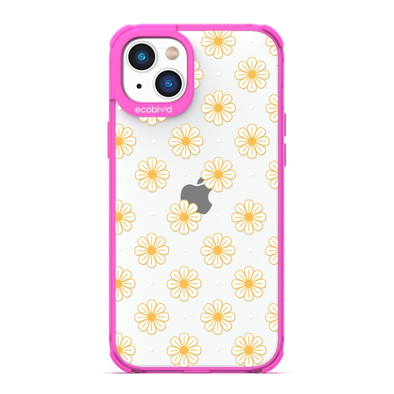 Laguna Collection - Pink Eco-Friendly iPhone 14 Plus White Daisy And Dots Floral Pattern On A Clear Back - Compostable