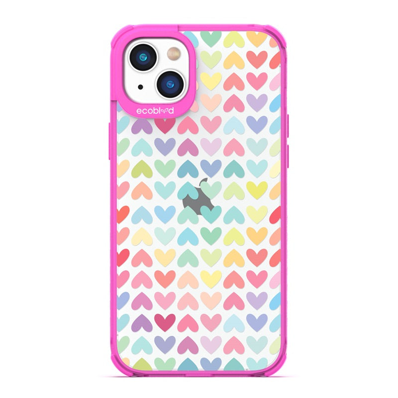 Laguna Collection - Pink Eco-Friendly iPhone 14 Plus Case With A Pastel Rainbow Hearts Pattern On A Clear Back 