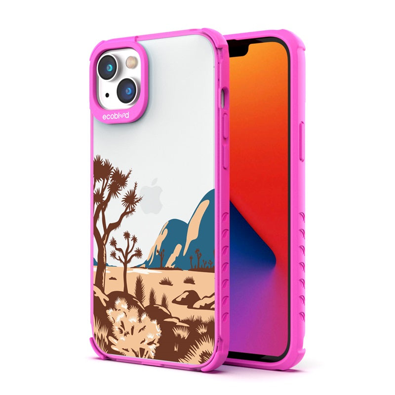 Back View Of The Pink Compostable iPhone 14 Plus Laguna Case With Joshua Tree Design & Front View Of The Screen
