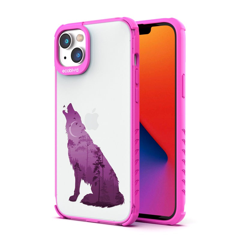 Back View Of The Pink Compostable iPhone 14 Plus Laguna Case With The Howl At The Moon Design & Front View Of The Screen