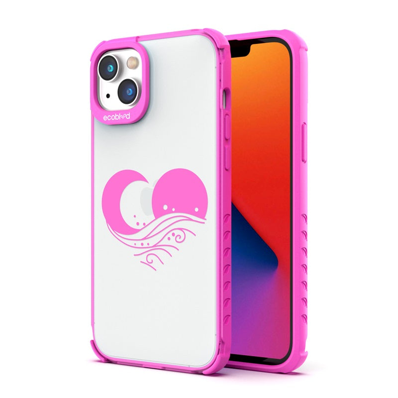 Back View Of The Pink Compostable iPhone 14 Plus Laguna Case With The Eternal Wave Design & Front View Of The Screen