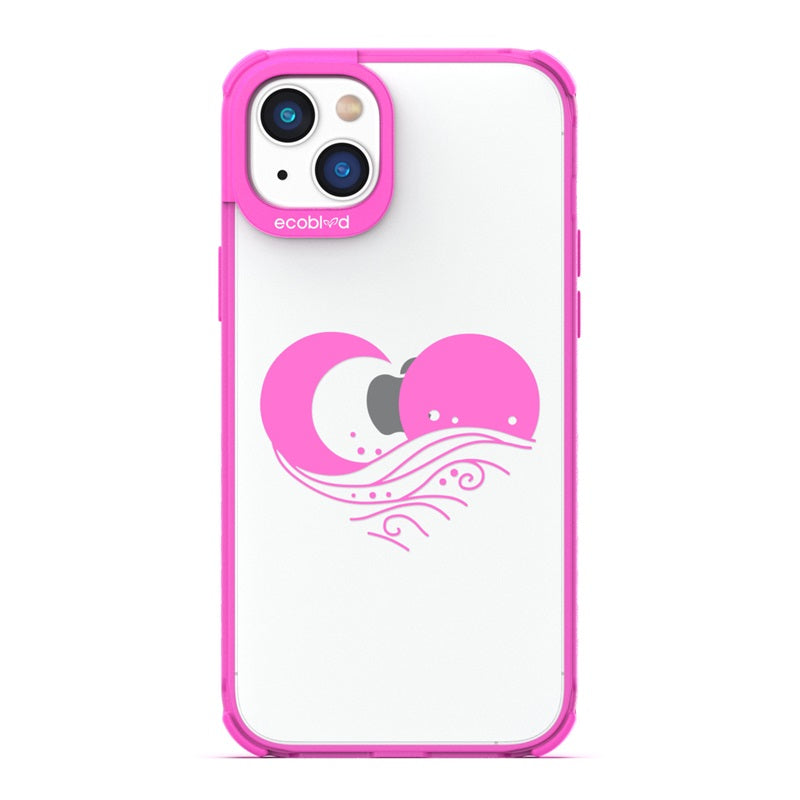 Laguna Collection - Pink Eco-Friendly iPhone 14 Plus Case With The Sun, Moon & A Wave Forming A Heart On A Clear Back
