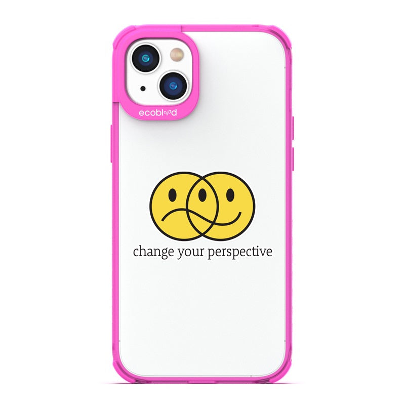 Laguna Collection - Pink Compostable iPhone 14 Case With Happy/Sad Face & Change Your Perspective On A Clear Back
