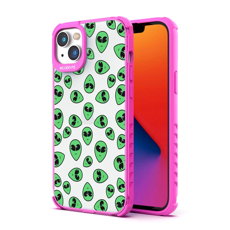 Back View Of The Pink iPhone 14 Plus Laguna Case With The Aliens Design On A Clear Back And Front View Of The Screen
